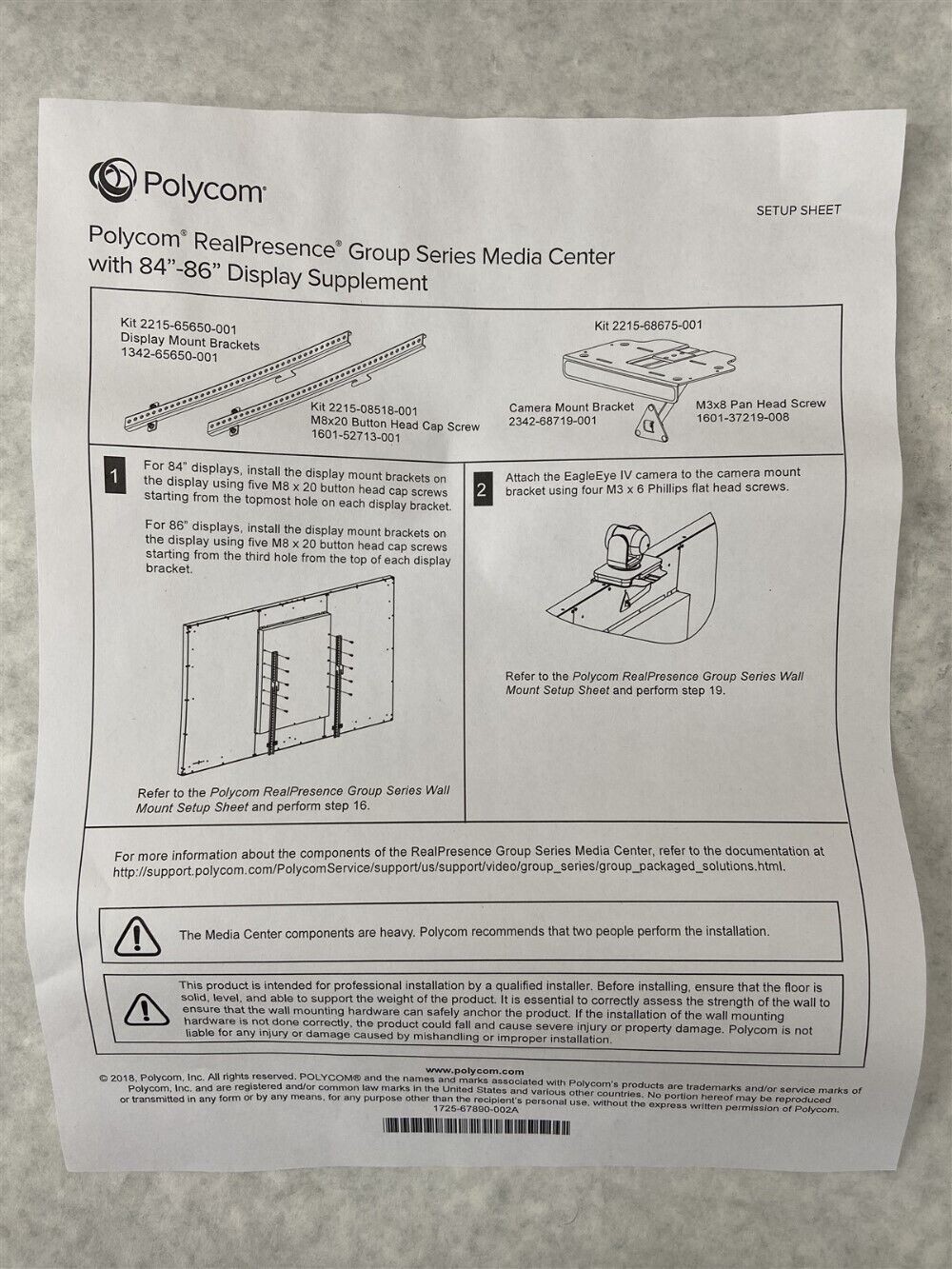 Polycom Poly 2215-65650-001 RealPresence 84" Display Mount Bracket Kit