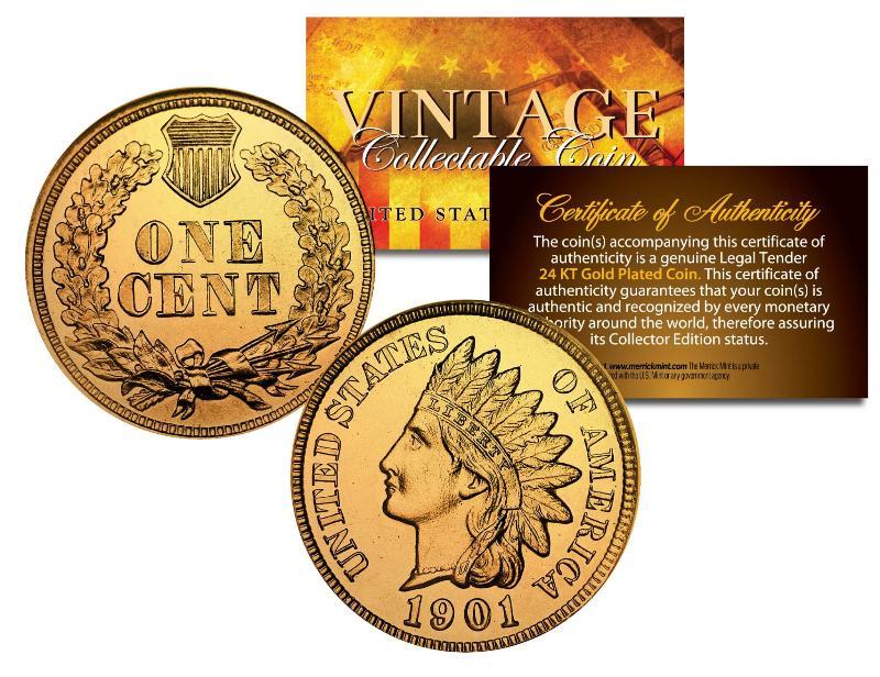 Lot of 2 INDIAN HEAD Cent Pennies U.S. Coins 24K GOLD PLATED with Capsules & COA