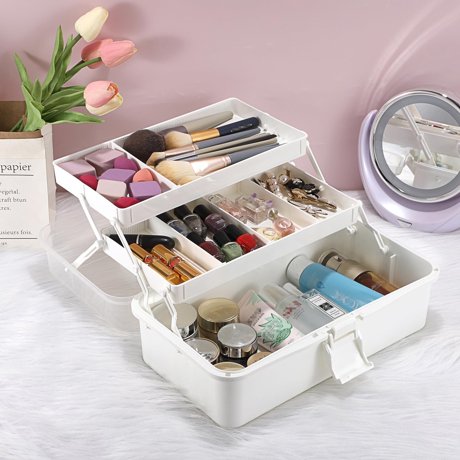 BTSKY 3-Layer Plastic Dividing Storage Box Craft Organizer with Beige White