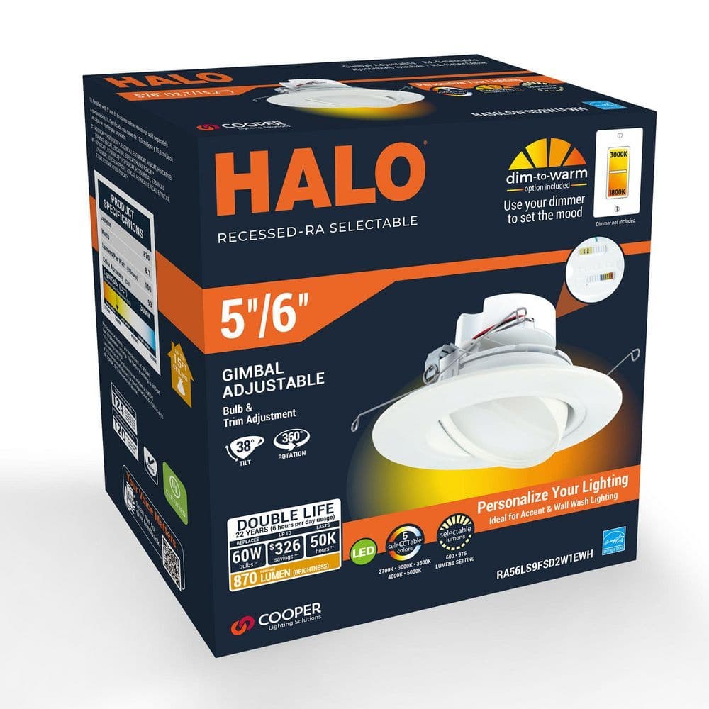 HALO RA 5/6 in. LED Recessed Light Trim, 600/900 Lumens, 5 CCT, 120V