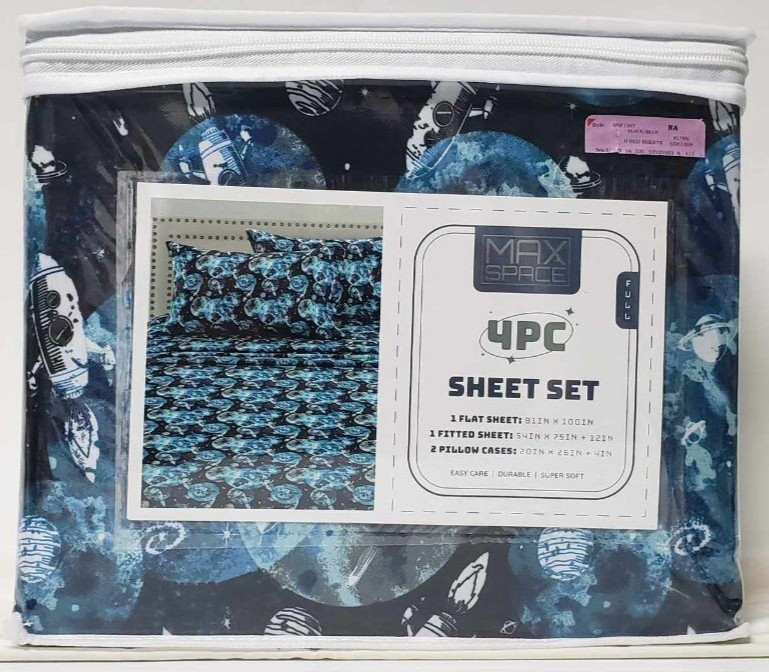 Max Space 4-PC FULL Size SHEET Set, Outer Space, Blue/White, 100% Polyester, NEW