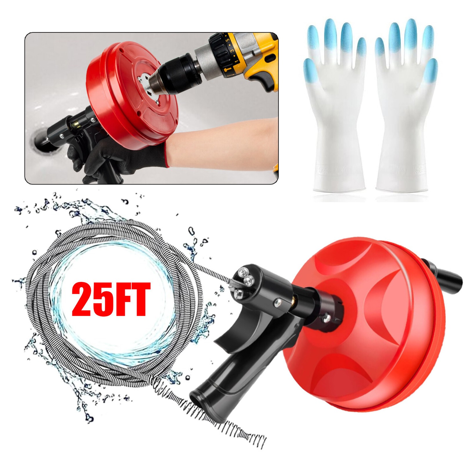 Plumbers Drain Snake Long Heavy Duty Plumbing Auger Hand Tool Bathroom Pipe 25ft