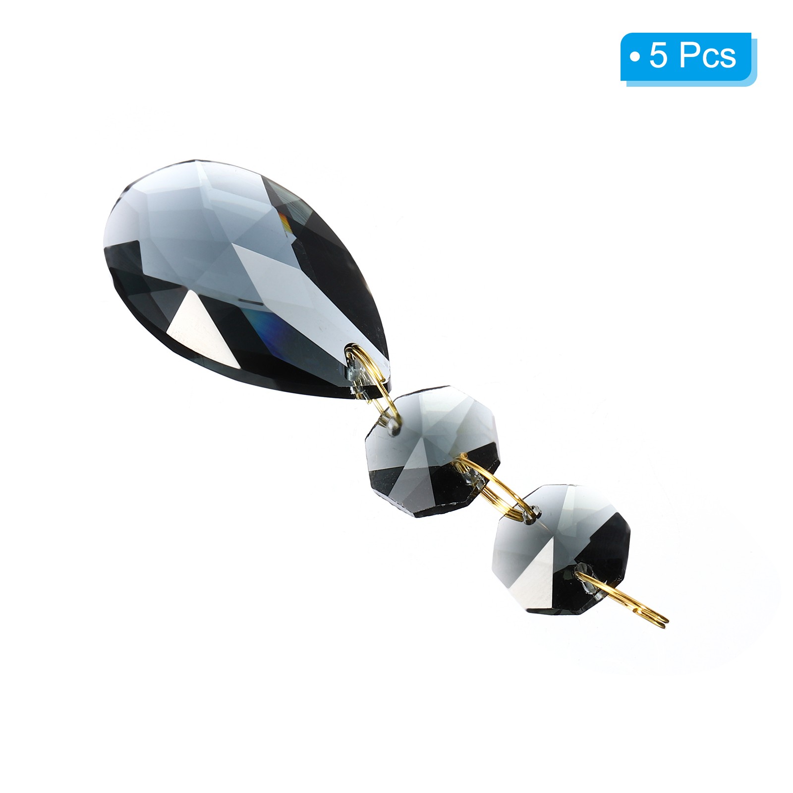 5Pcs 38mm Light Black Crystal Teardrop w 14mm Octagonal Bead Light Black