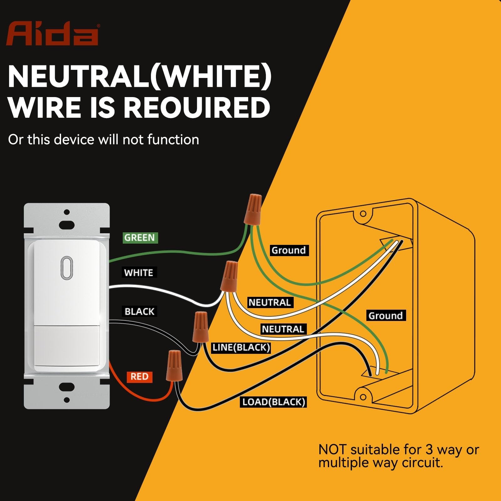 AIDA Single Pole Motion Sensor Light Switch w/Neutral Wire - 120° PIR Infrare...