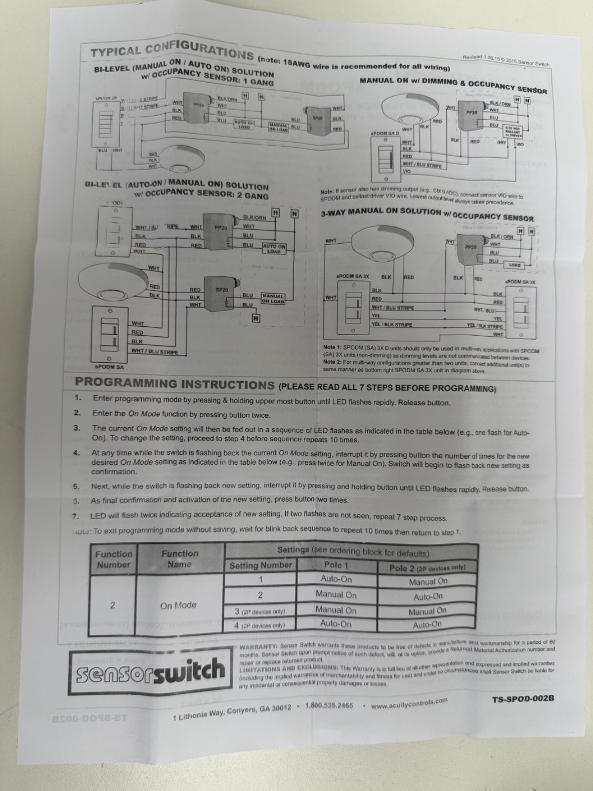 Acuity Control Sensor Switch SPODM D SA WH. Dimming