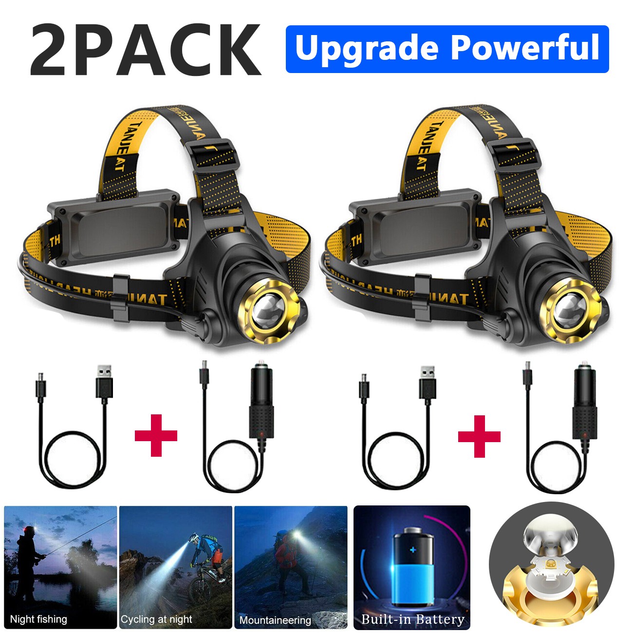 2pcs Bright LED Headlamp Rechargeable Headlight Flashlight 3 Modes Head Torch