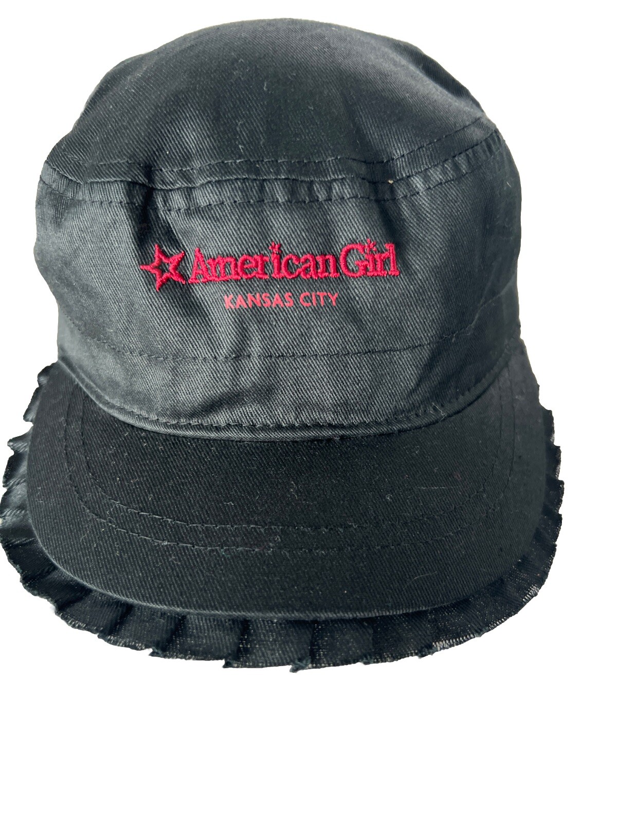 American Girl Kansas City Kids Cadet Black Hat Cap w Ruffled Edge and Red Accent