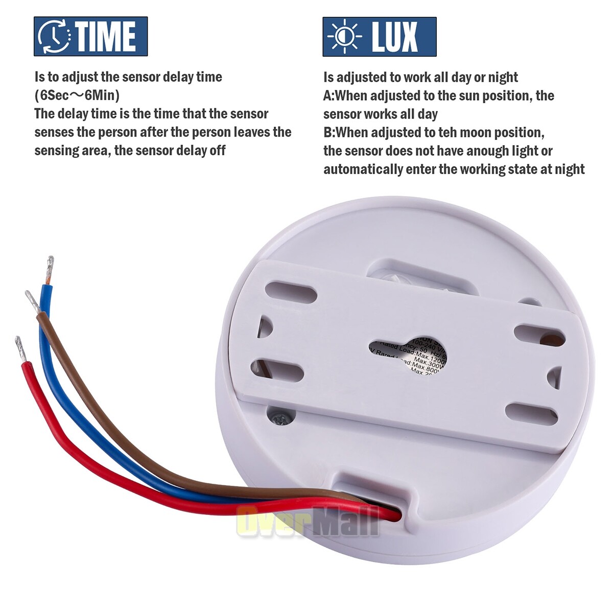 High Sensitivity Ceiling Mount Mini Sensor Switch For Led Lights TIME/LUX Adjust