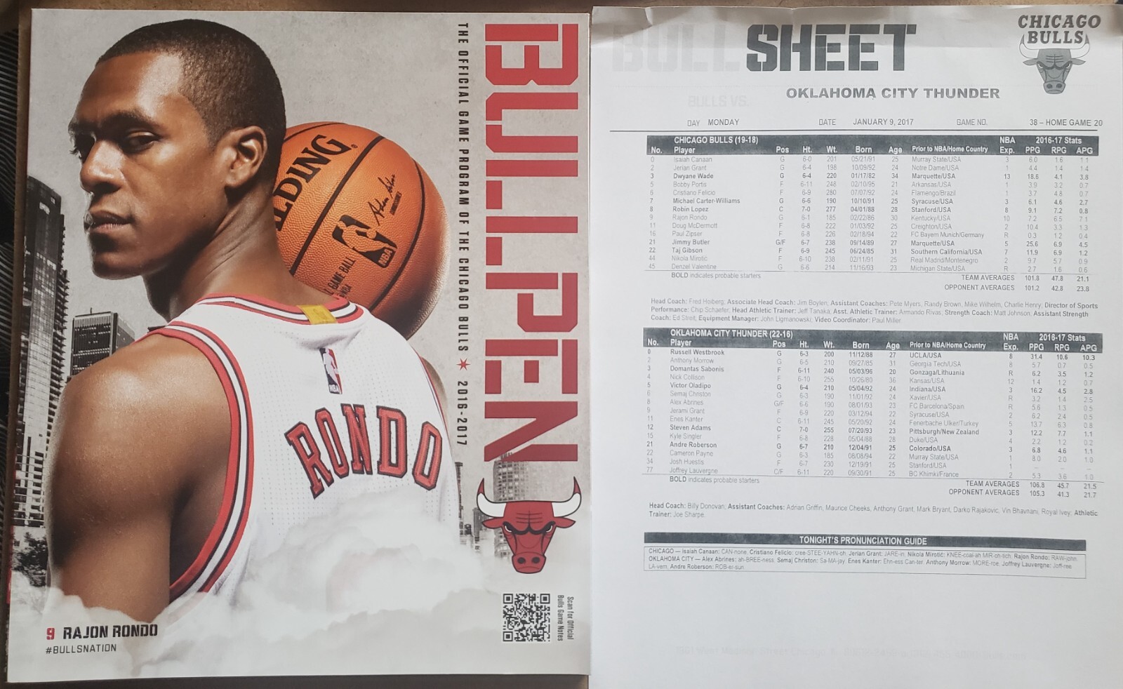 2017 Chicago Bulls vs Oklahoma City Thunder Program Rajon Rondo Cover Bullsheet