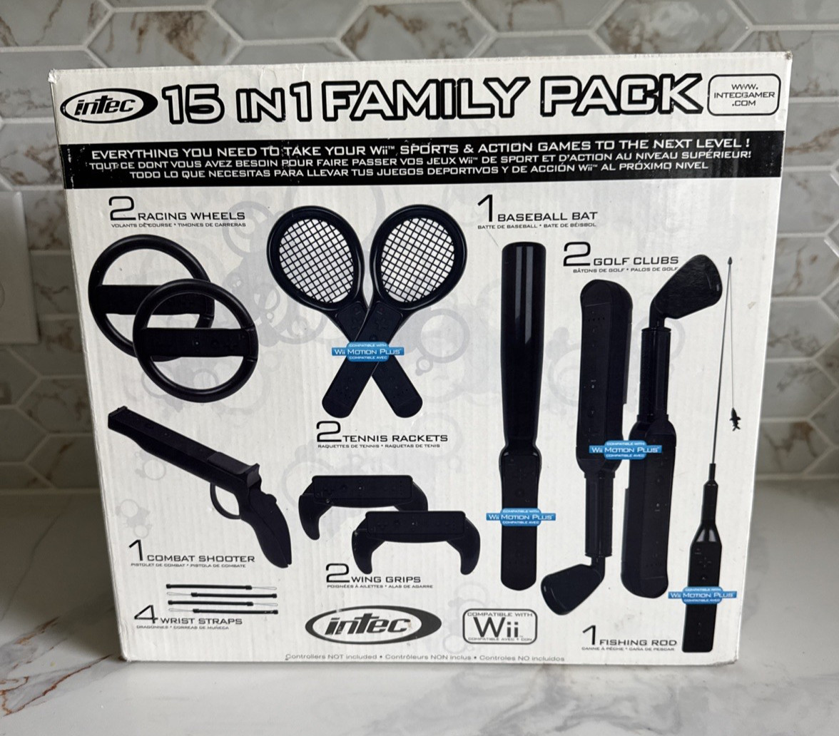 Intec 15 in 1 Wii Remote Accessory Pack Zapper Racing Wheels Tennis Rackets NEW