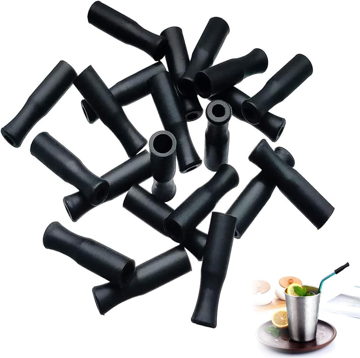 21Pcs Reusable Silicone Straw Tips, Stainless Straw Tips, Black Food Grade