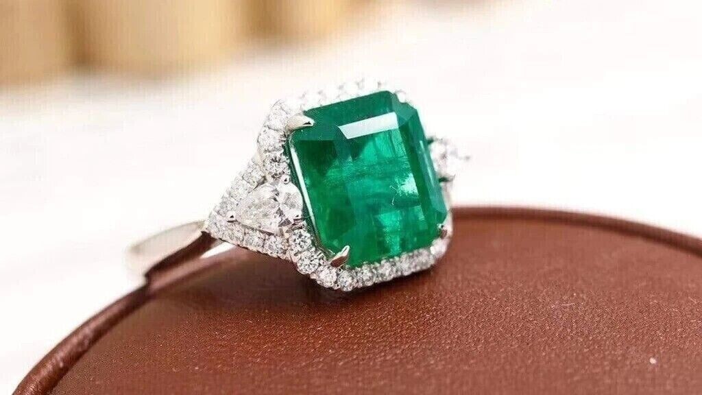 6.80 Ct Emerald Cut Natural Emerald Diamond Ring 14K Solid White Gold Size 8.5