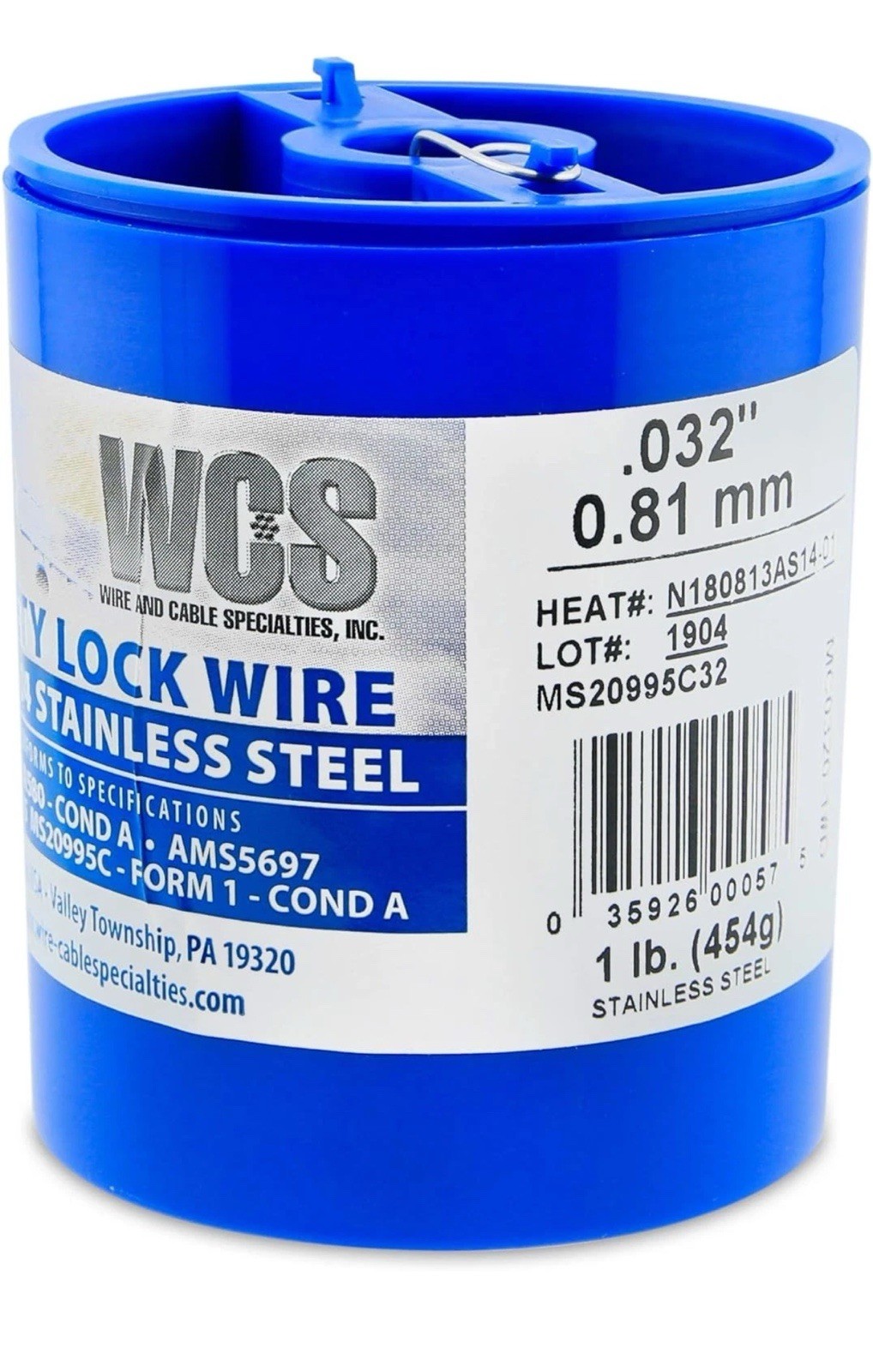 Lock Wire, T302/304 Stainless, NASM20995, .032 in (0.81 mm), stainless-steel