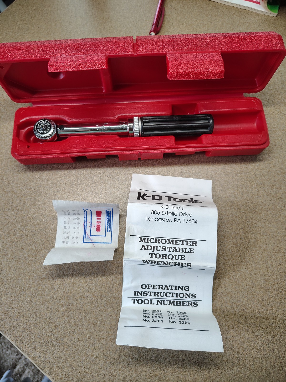 K-D Tools 3261 1/4" Drive Micrometer Torque Wrench 5-50 In-Lb w/ Case & Manual