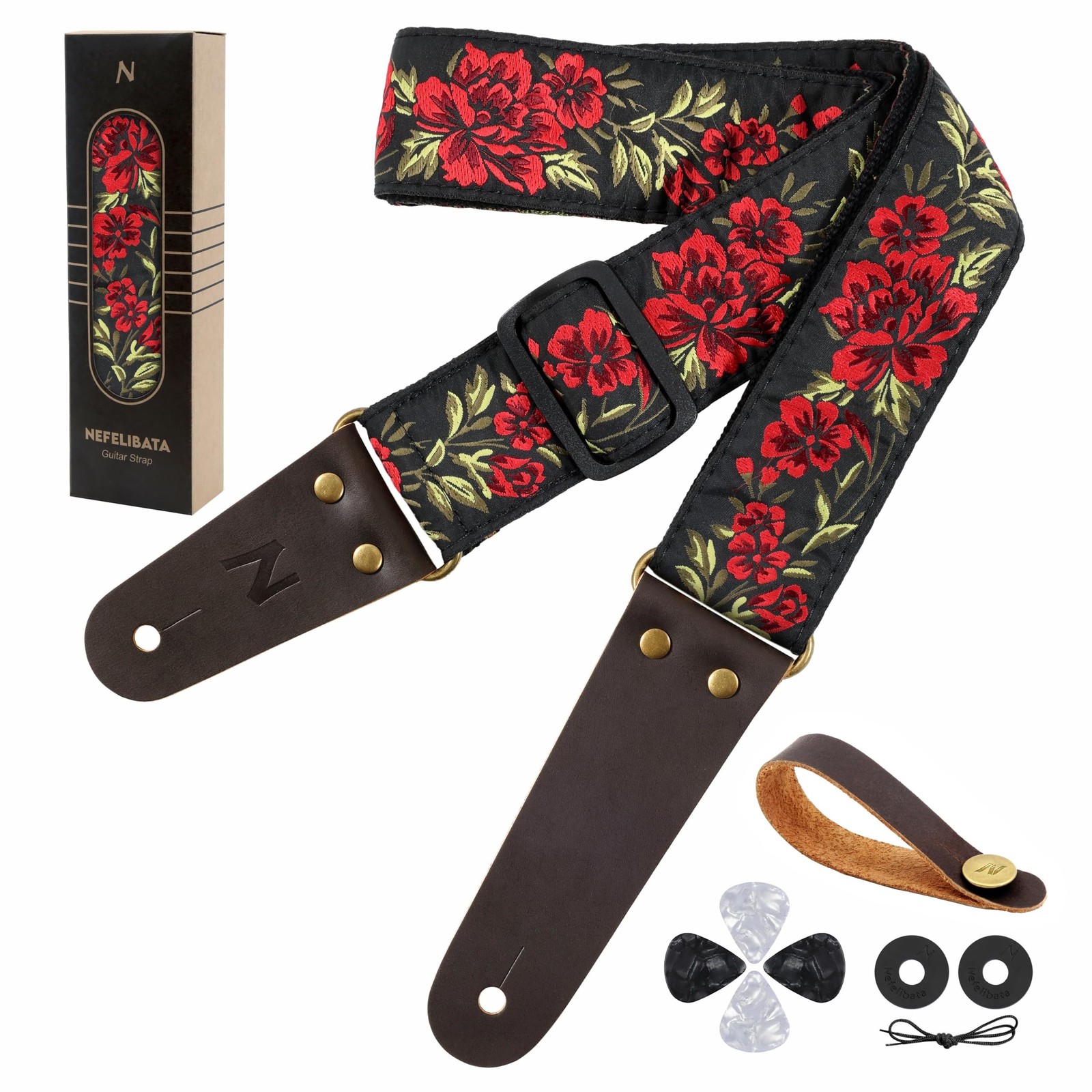 Nefelibata Guitar Strap, 2" Cotton Embroidery Guitar Straps, Full Grain Leath...