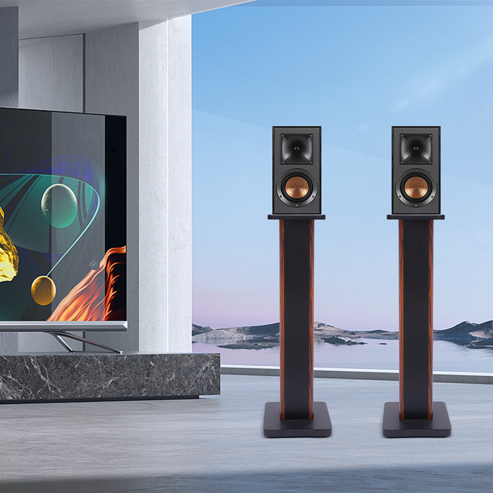 28" Wood Speaker Stands 1 Pair Yellow Sandalwood/Black Walnut for HiFi Bookshelf