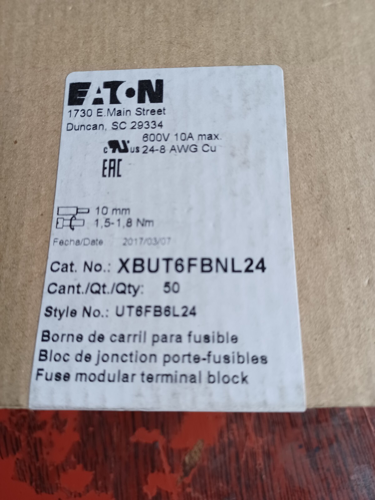 EATON XBUT6FBNL24 XB IEC Terminal Block Fuse Terminal Blocks With LED  24V NEW!