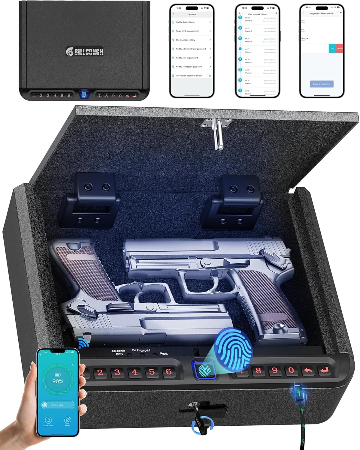 BILLCONCH Biometric Gun Safe Fingerprint/Keypad/Key/APP Access
