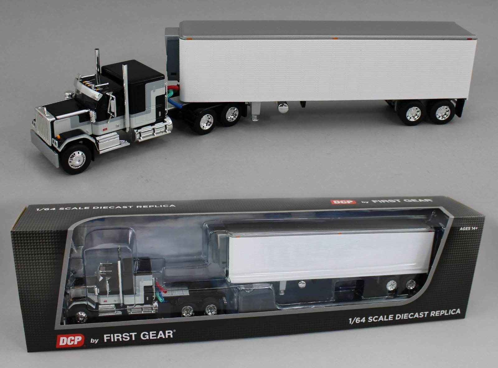 2025 DCP 1:64 *BLACK & WHITE* GMC General 60" Flattop w/Vintage Reefer Trailer