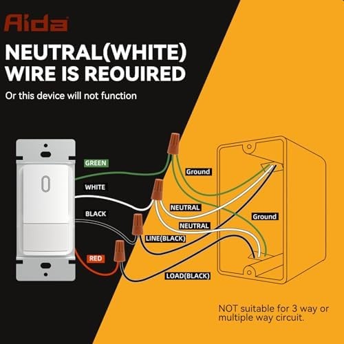 AIDA Single Pole Motion Sensor Light Switch w/Neutral Wire - 120° PIR Infrare...