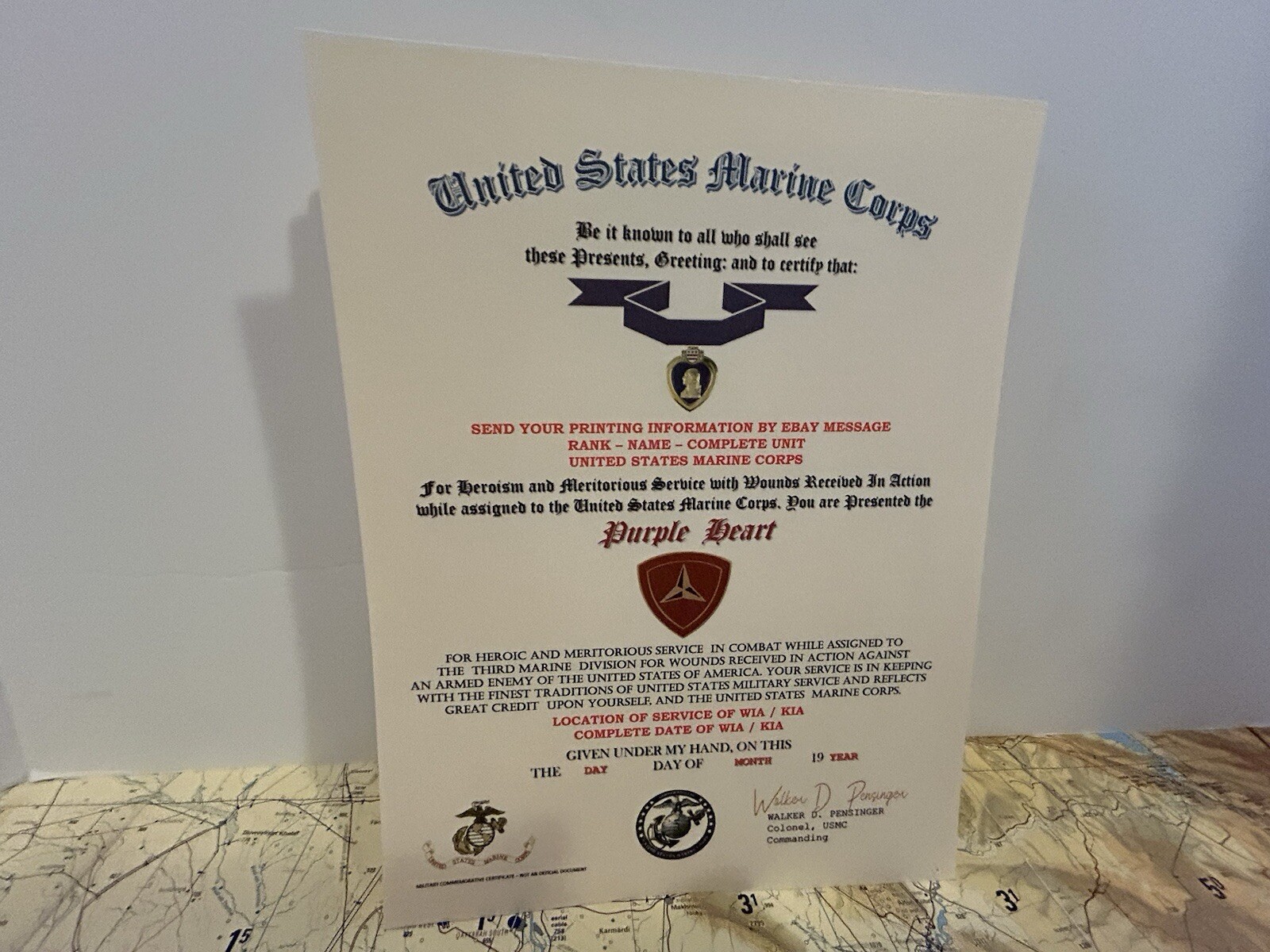 U.S.M.C. / P.H. MEDAL COMMEMORATIVE CERTIFICATE - 3RD MARINE DIVISION