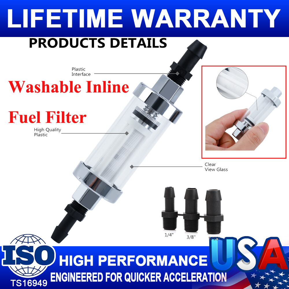 UNIVERSAL CHROME GLASS FUEL FILTER 1/4" 5/16" 3/8" IN/OUT Carburetor GAS # 9706
