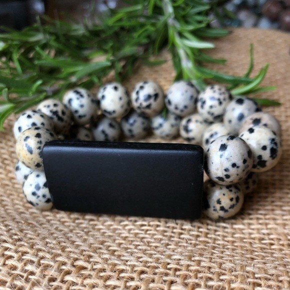 Dalmatian Jasper Two Strand Beaded Stretch Bracelet With Large Matte Wooden Bead