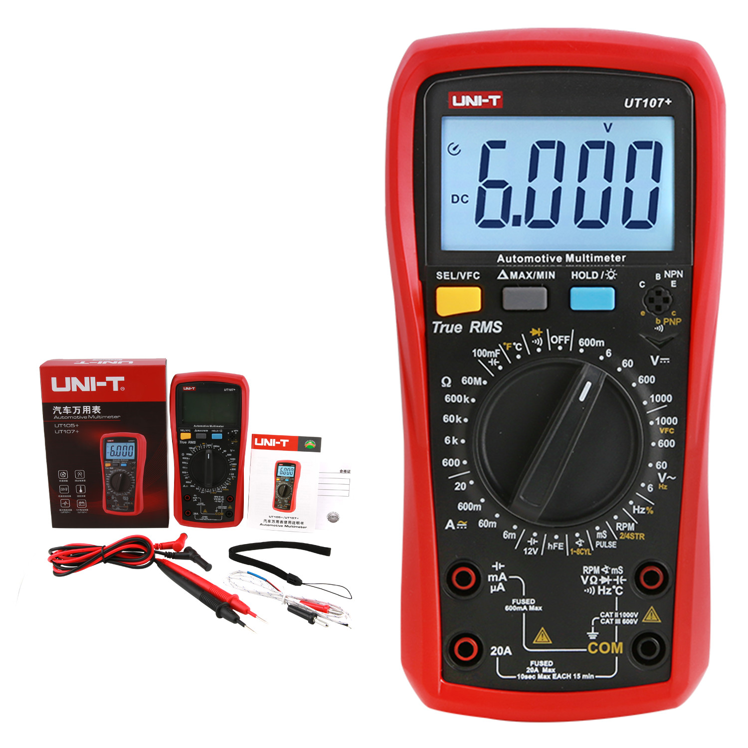 Automotive Multimeter UNI-T UT107+ LCD DMM ACV/DCV Tester Tach Dwell Temp RPM Te