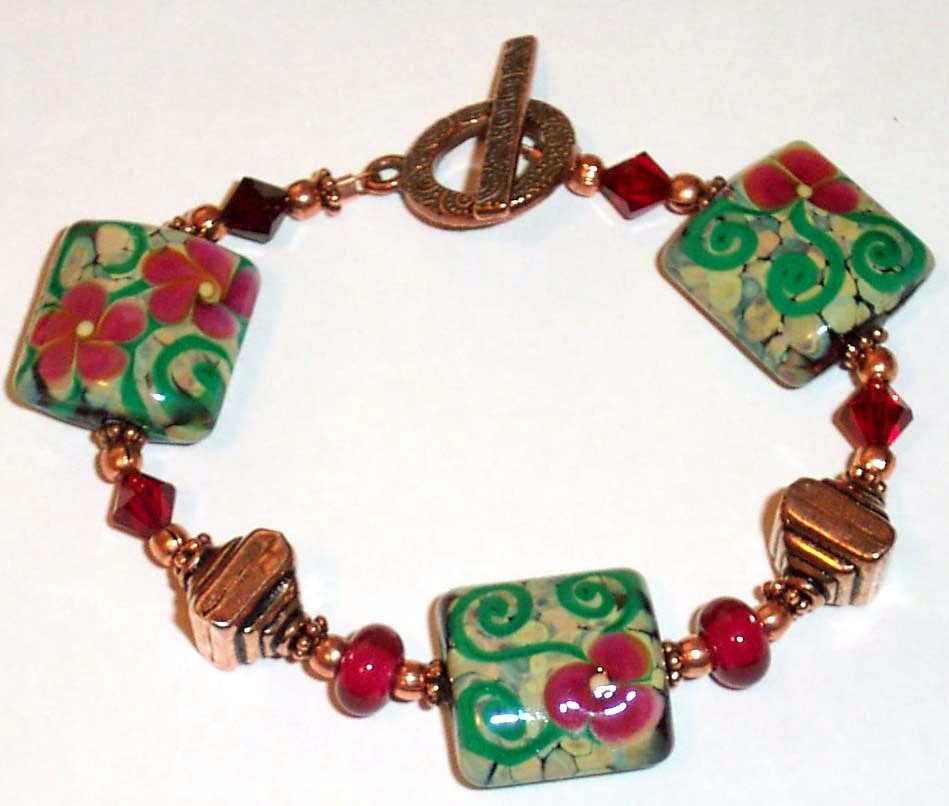 *SUMMER ROSE* Artisan Lampwork Crystal Copper Bracelet