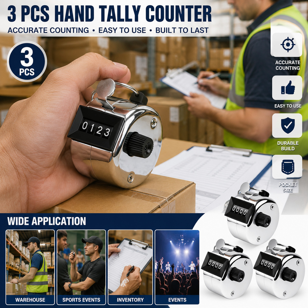 3Pcs 4 Digit Number Dual Clicker Golf Hand Tally Counter Metal Handy Convenient