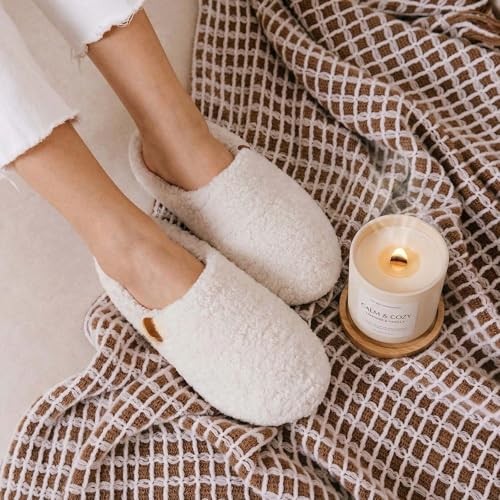 Women's Fuzzy Slip-on Slippers Soft Comfy Memory Foam Indoor House 9-10 Beige