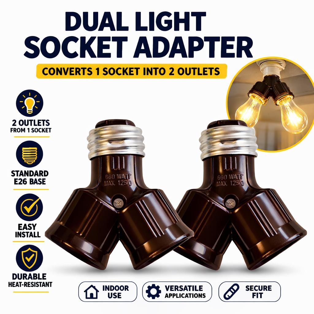 2 Pack Dual Light Socket Adapter Splitter E26 Standard Base 2 Outlet Lamp