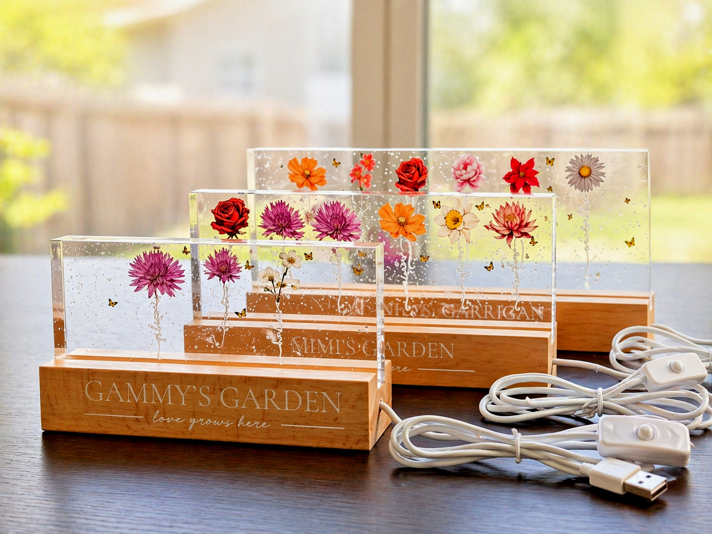 Personalized Grandma's Garden LED Night Light Custom Acrylic Plaque Gift USB