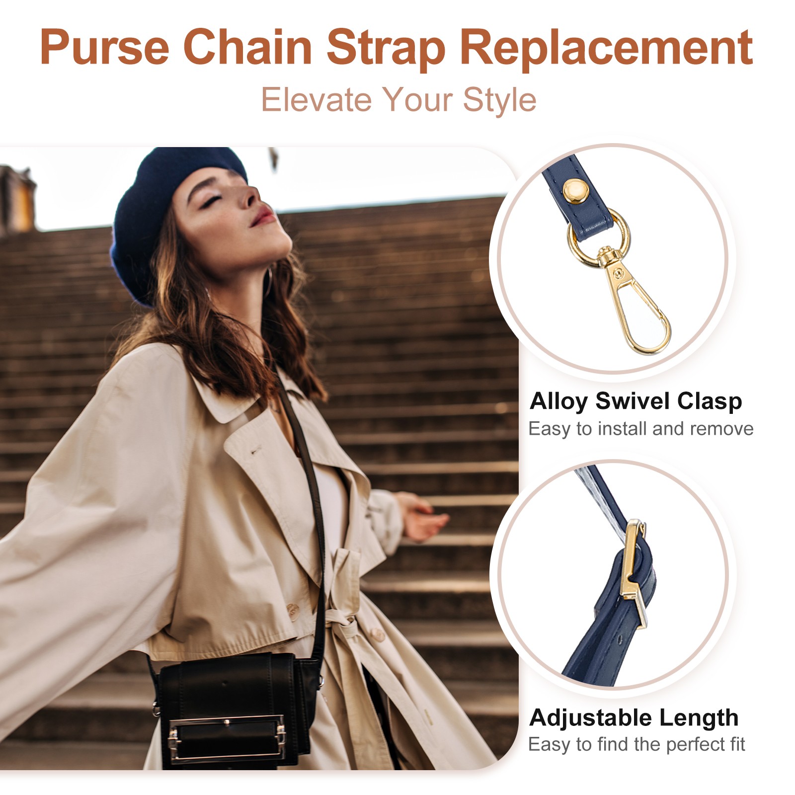 47" Adjustable PU Leather Purse Strap with Gold Hardware Dark Blue