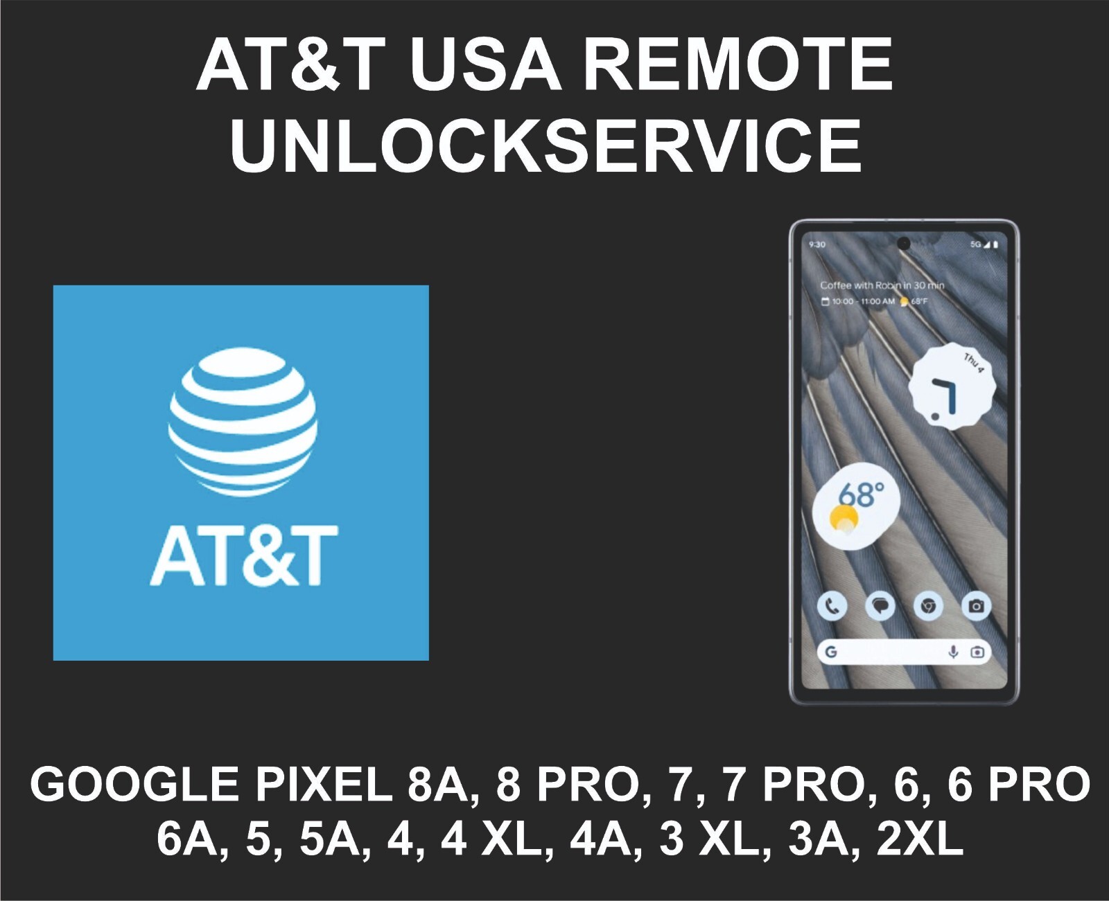 Pixel At&t USB Unlock, 9 Pro XL, 9, 8 Pro, 8A, Fold, 6 Pro, 5A, 4A XL, 3XL
