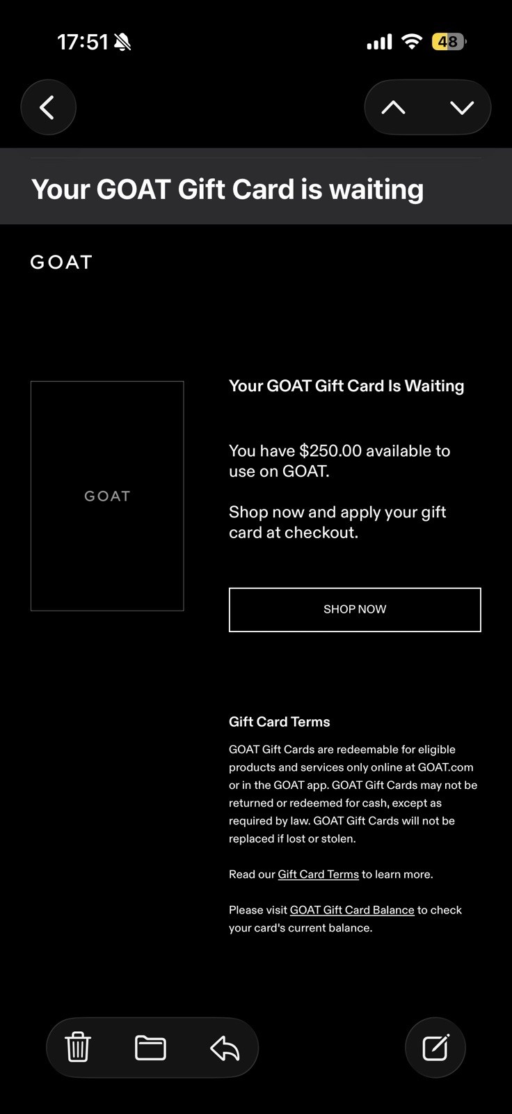 $250 GOAT Gift Card