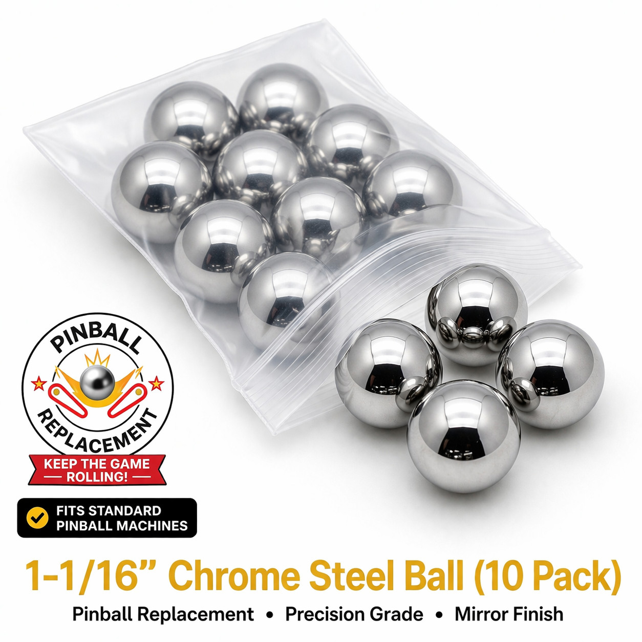 Ten 1-1/16" Inch Chrome Steel Replacement Pinball Machine Balls