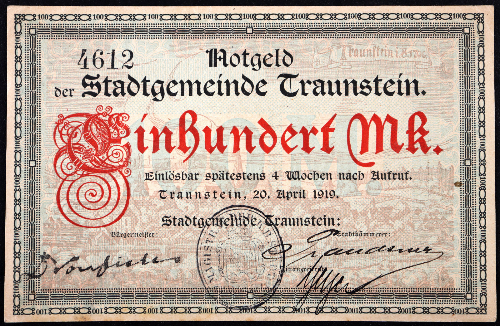 TRAUNSTEIN 1919 Large Hand-Signed 100 Mark Grossnotgeld German Notgeld Banknote