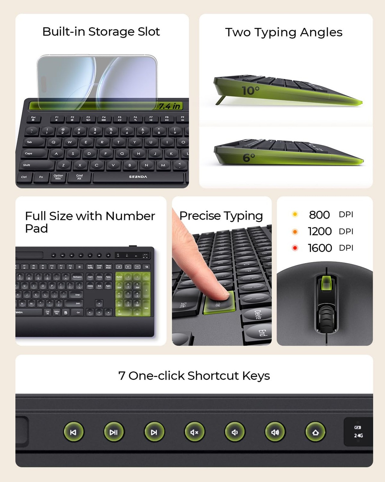 seenda Bluetooth Keyboard and Mouse Combo, Multi-Device Ergonomic Keyboard Mo...