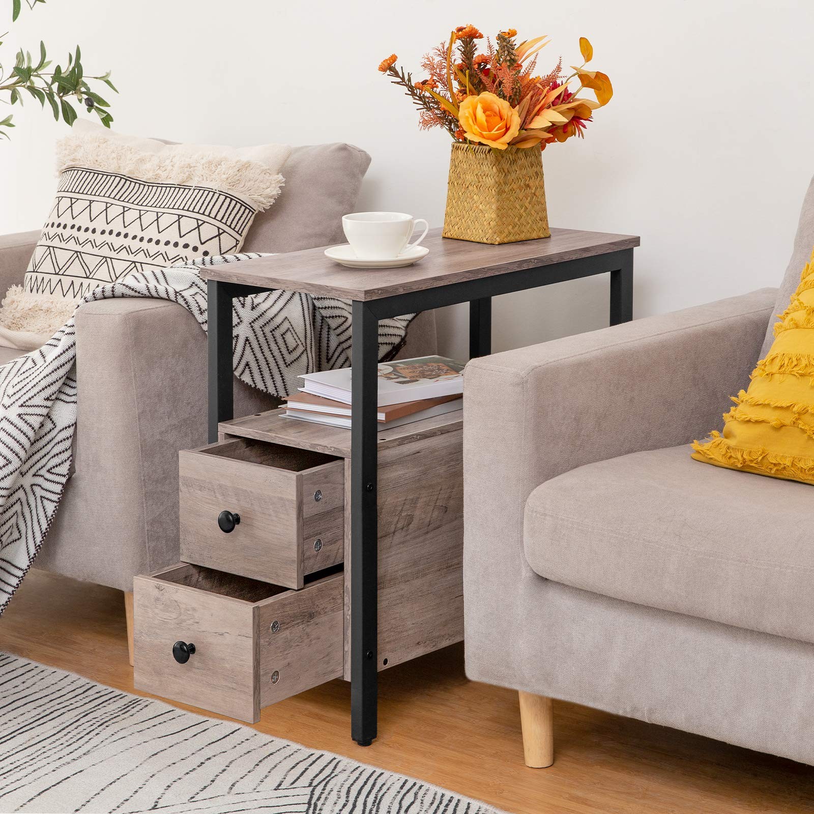 HOOBRO End Table, Narrow Chairside 18.9"D x 11.8"W x 24"H, Greige + Black
