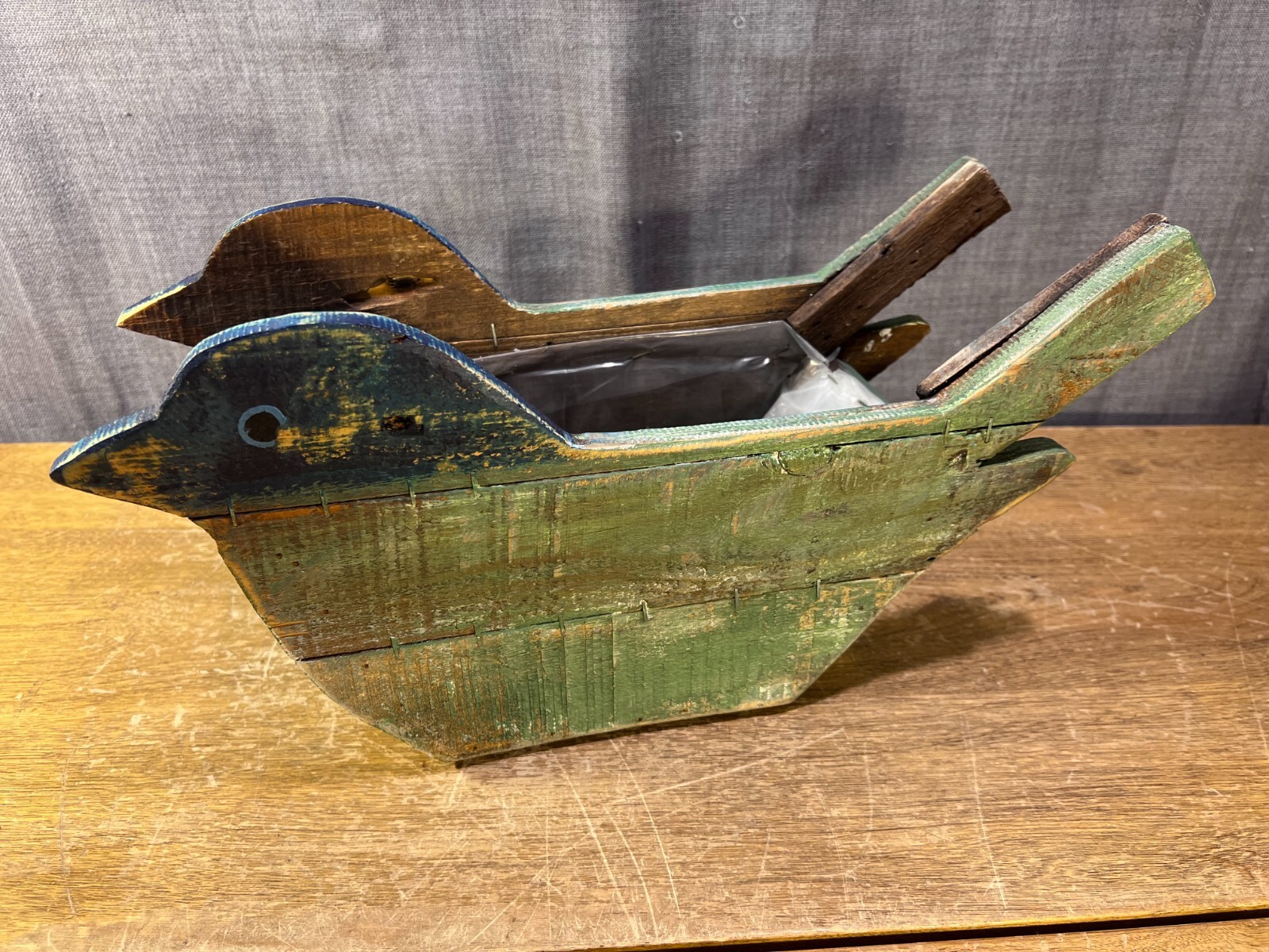 Vintage Wooden Bird Planter Hand Made Folk Art Country Farm Rustic