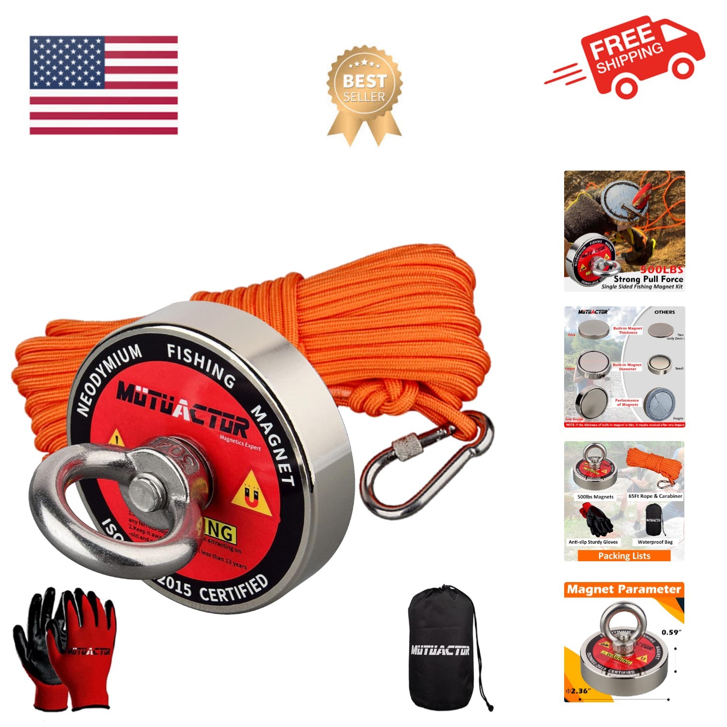 Magnet Fishing Kit,Φ2.36“ Heavy Duty Neodymium N52 Magnet with 20m64 Foot Dur...