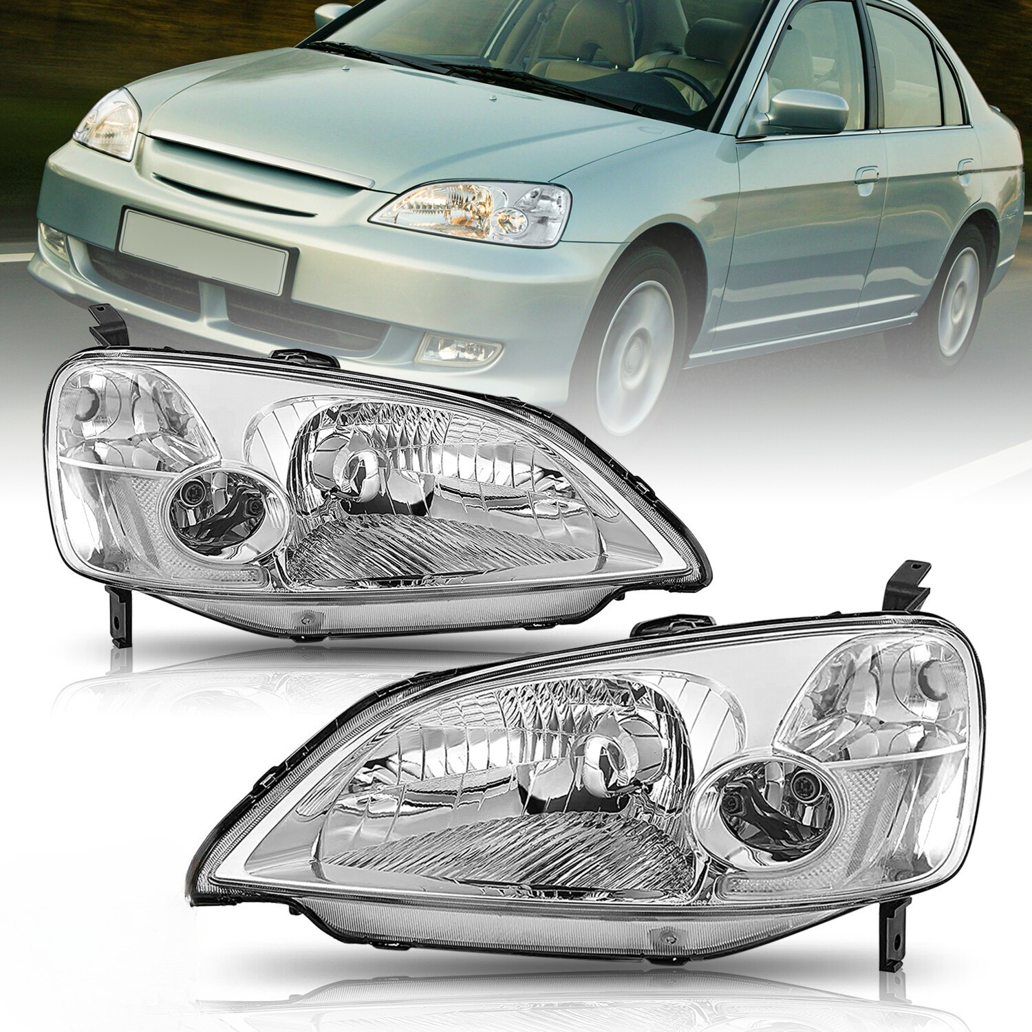 For 2001 2002 2003 Honda Civic Chrome Clear Headlights Assembly Lamps