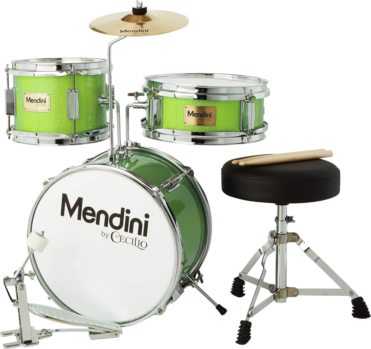 Mendini By Cecilio Kids Drum Set, Junior Kit w/ 4 Drums - Green Metallic-