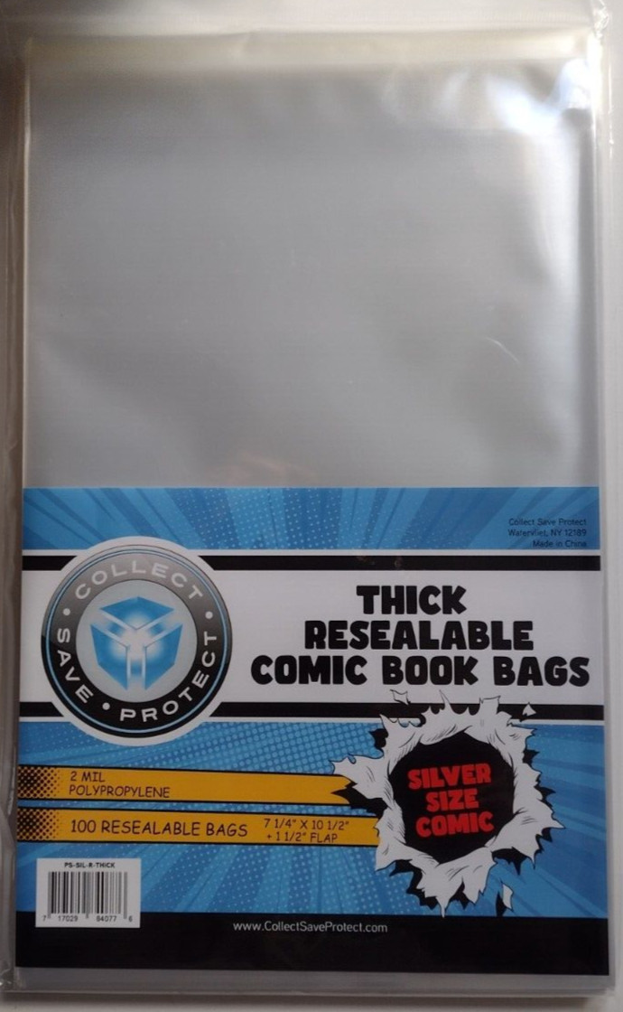 (100) CSP Silver Thick Resealable Comic Book Bags No PVC NIP 7 1/4x10 1/2  1.5"