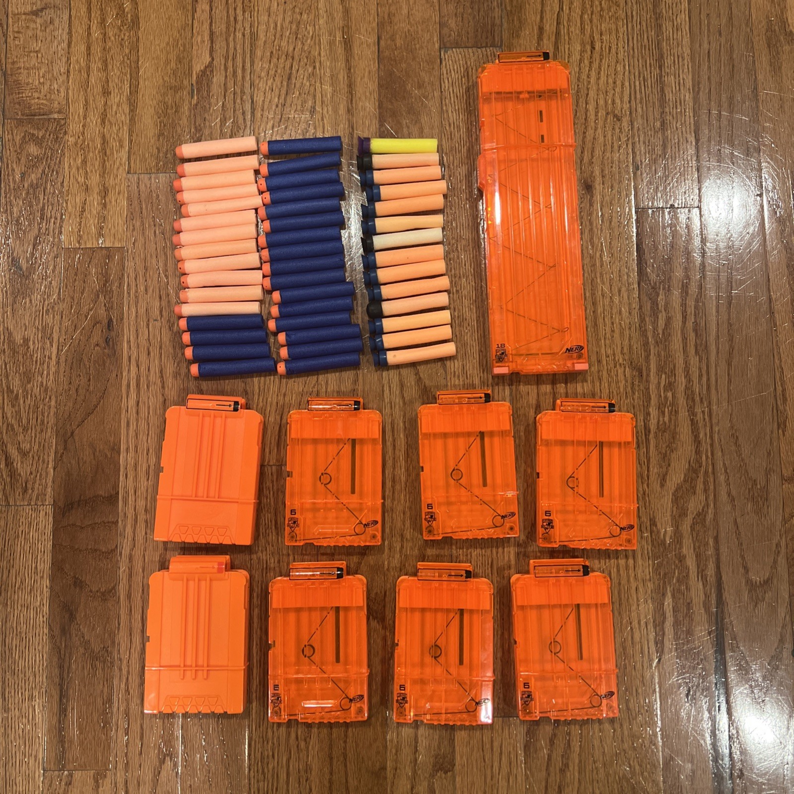 Lot of 8 Nerf 6 and 18 Round Ammo Magazine Clip Orange and over 40+ Darts