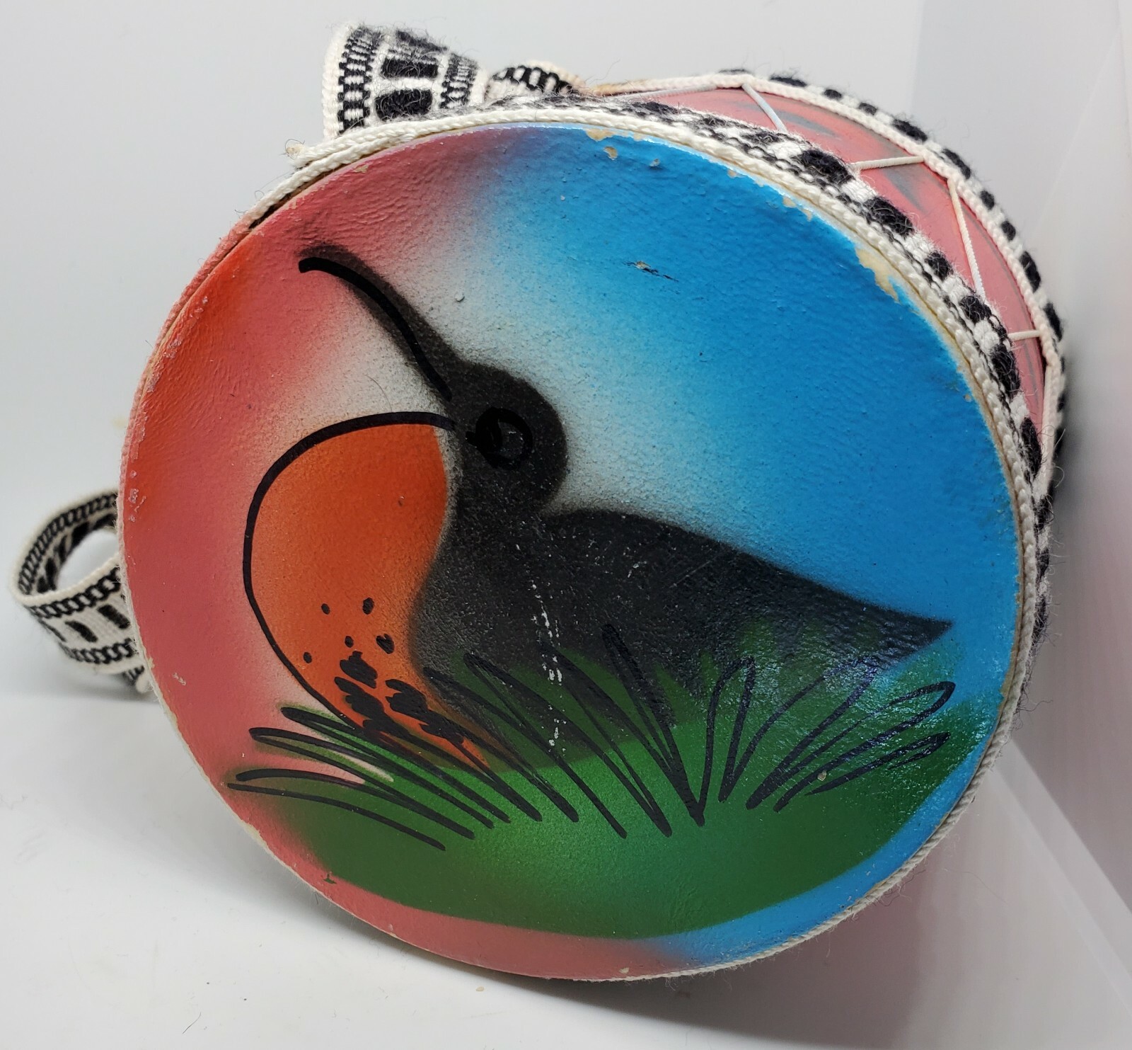 Frigate Bird -  Aruba - small wood leather drum bongo hand crafted painted  4.5”
