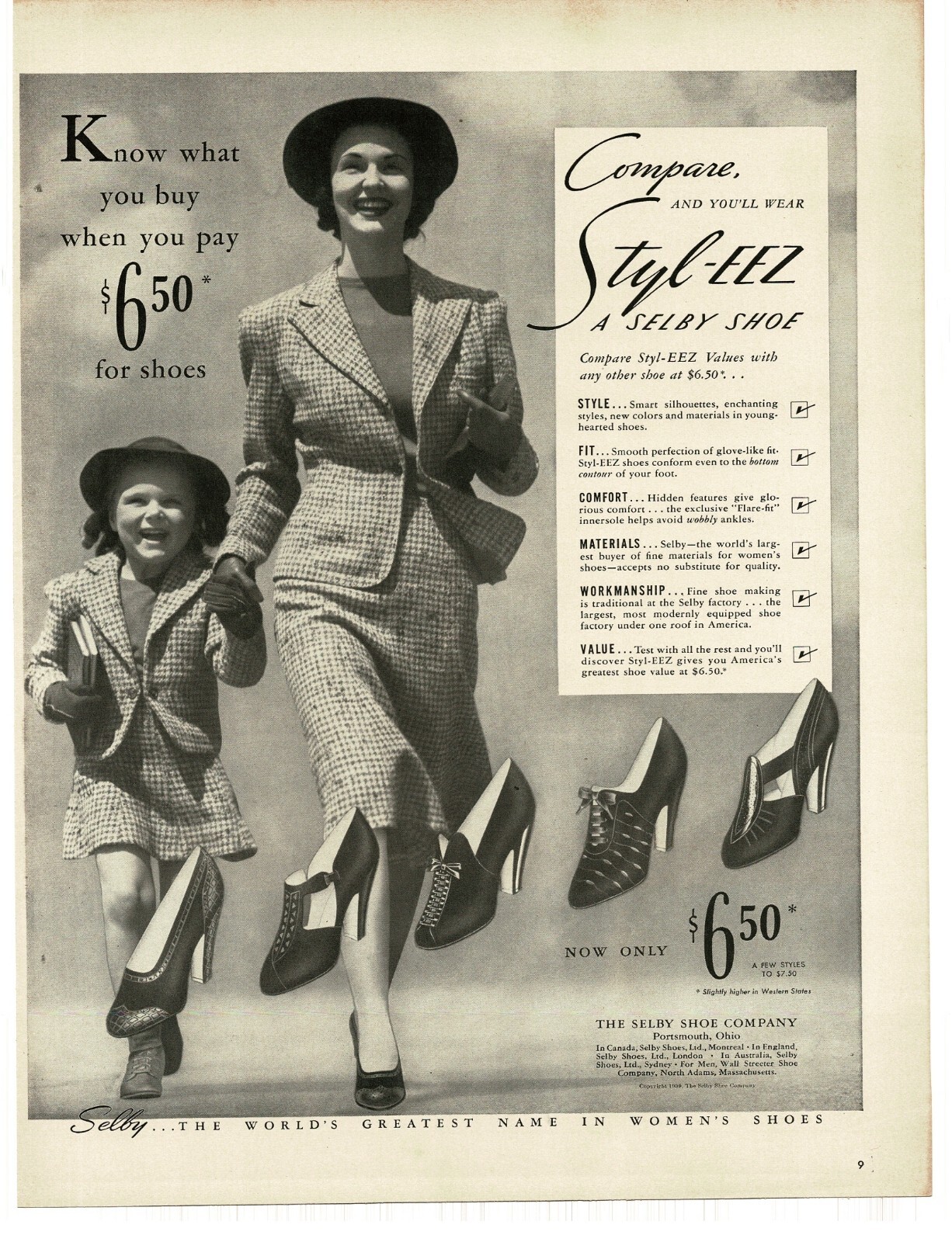 1939 Selby Styl-EEZ high Heel Woman's Shoes mother daughter Vintage Print Ad