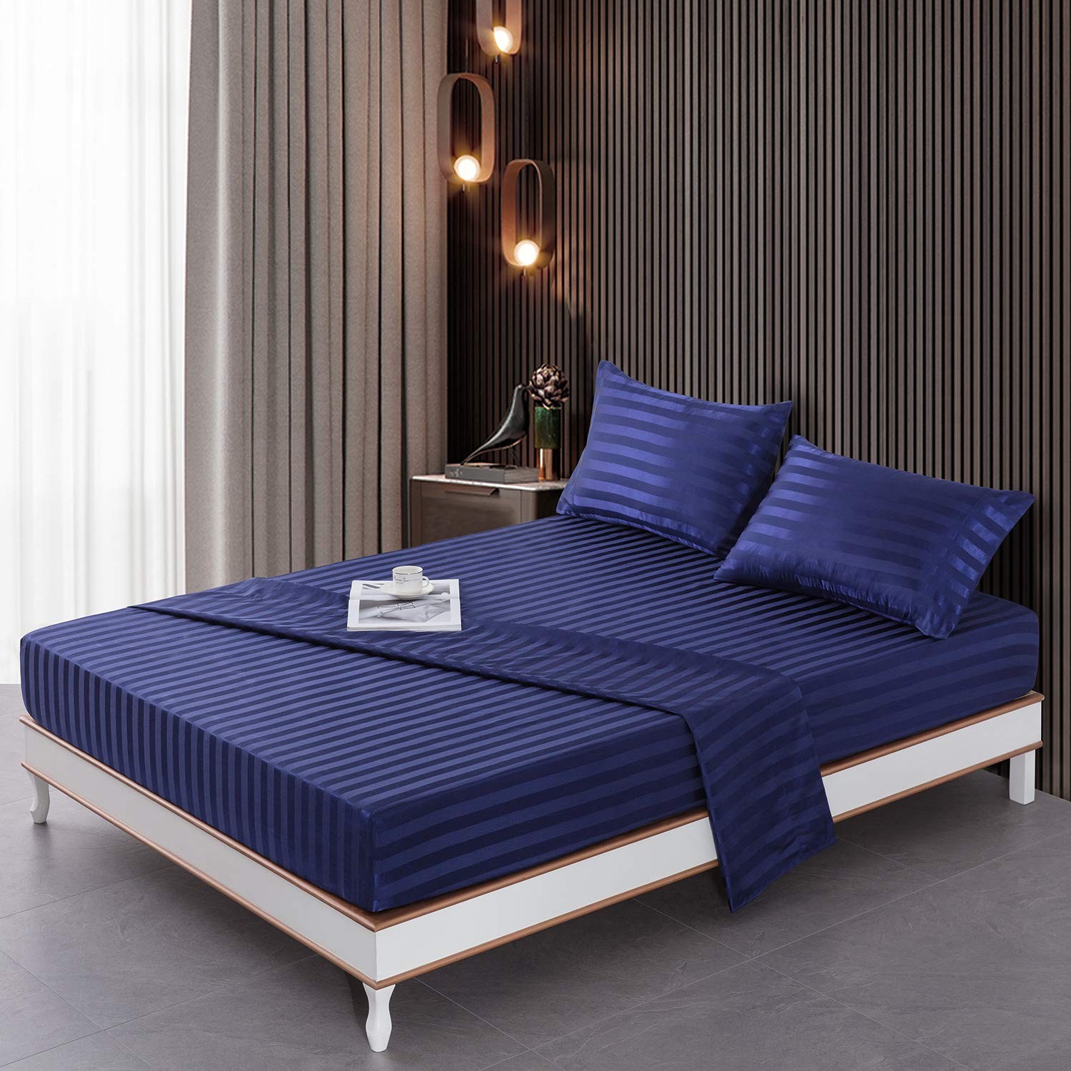Satin-Silk Sheets Queen Size Bed Set, Navy Blue Soft Cooling Deep Pocket Queen