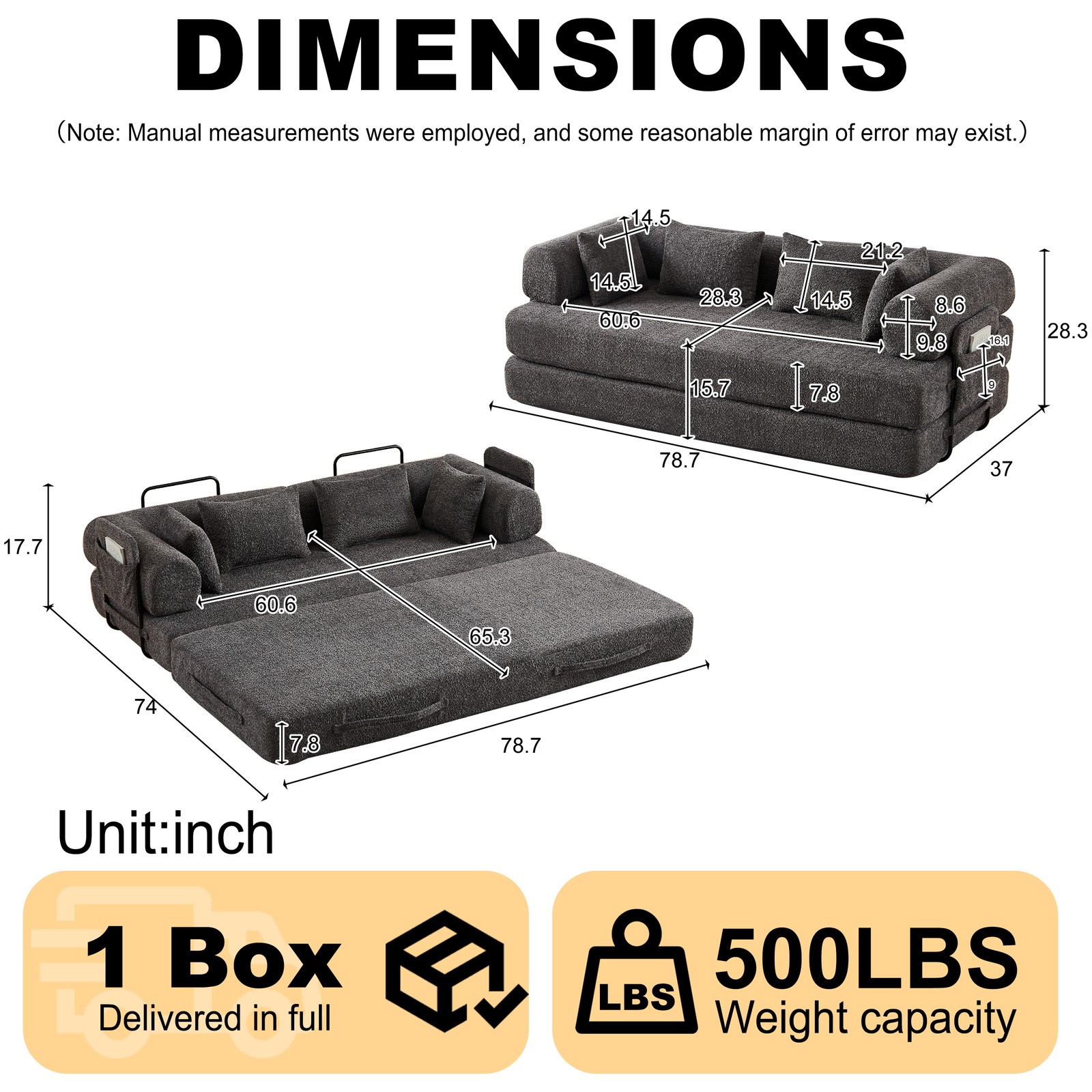 78.7" Convertible Sleeper Sofa Bed w/Cylindrical Pillow, Folding Sofa Bed Grey